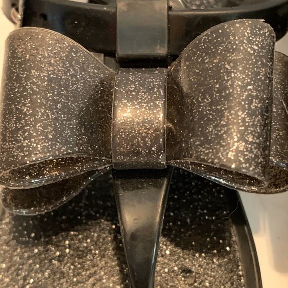 JELLY Black GLITTER Double BOW THONG Strap SANDAL - Picture 2 of 7